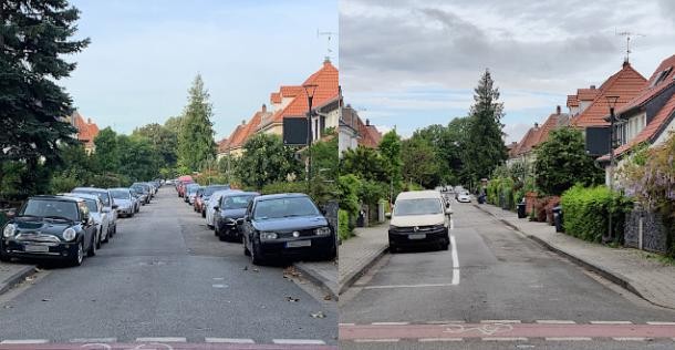 Vergleichsbild, die Bachstraße vor und nach der Umsetzung von Maßnahmen.