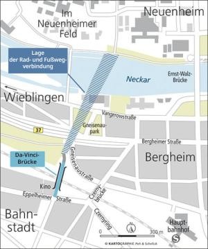 Karte mit Lage der geplanten Brücke. (Quelle. Peh & Schefcik) Karte mit Lage der geplanten Brücke.