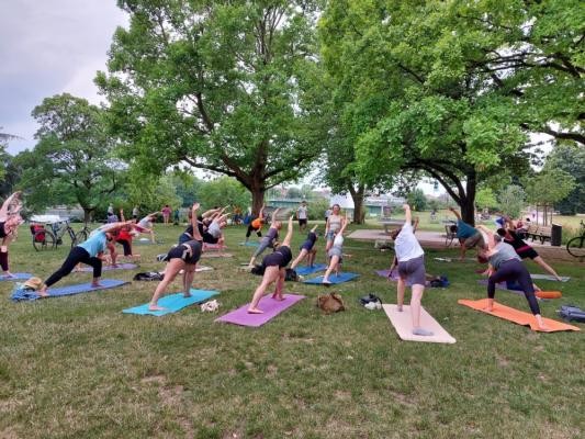 Menschen beim Yoga im Zuge eines „Sport-im-Park“-Kurses in Neuenheim.