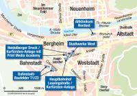 Derzeit werden fünf mögliche Standorte in Heidelberg für das neue Konferenzzentrum eingehend geprüft. (Grafik: Peh und Schefcik)