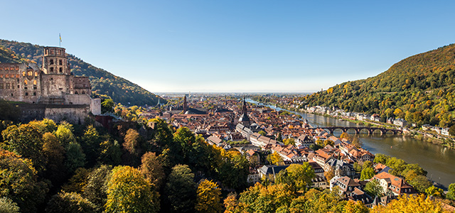 Heidelberg im bunten Herbstlaub: Blick auf Schloss, Altstadt und Neckar. (Foto: Dittmer)