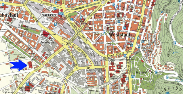 Stadtplan von Heidelberg mit Pfeil auf die Feuerwache