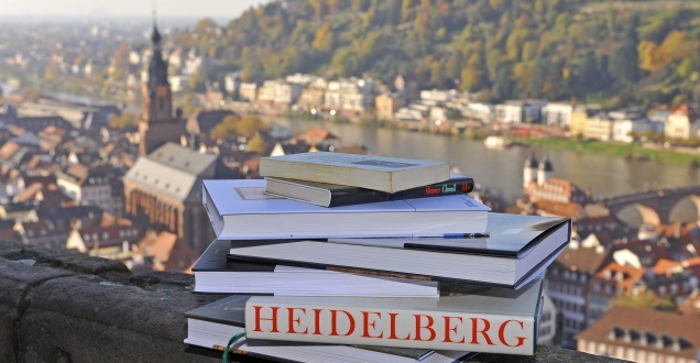Stack of books in front of the skyline of Heidelberg (Photo: Dorn)