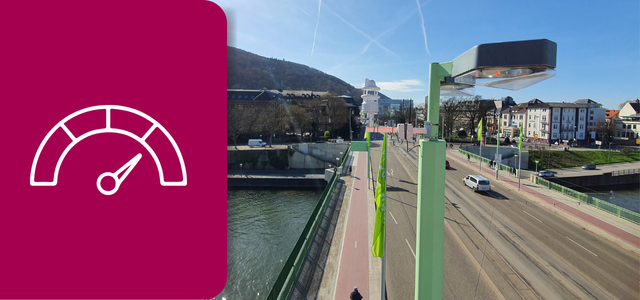 Ein digitales Dashboard, das eine Karte von Heidelberg inklusive verschiedener Wetterdaten zeigt