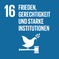 SDG-Icon blau-weiß mit Schriftzug Frieden, Gerechtigkeit und starke Institutionen