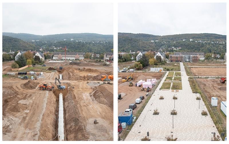 Zwei Fotos im vergleich zeigen Fortschritte beim Baufeld