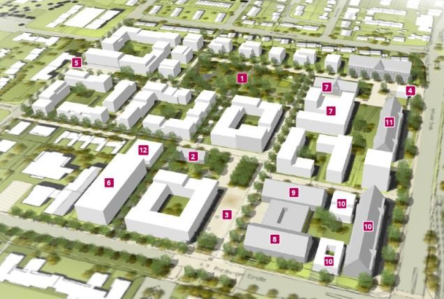 Übersichtsplan Hospital: (1) Park (2) ehemalige Kapelle (3) Urbanes Zentrum (4) Quartierseingang Karlsruher Straße (5) Quartierseingang Kolbenzeil (6) Parkhaus (7) Collegium Academicum (8) ehemaliges Theater (9) ehemalige Sporthalle (10) Montessori-Zentrum (11) Bestandsgebäude für Gewerbe (12) Erweiterung Lebenshilfe Heidelberg (Stadt Heidelberg)
