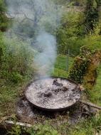 Eine große Grillschale steht auf dem Grasboden, der Boden ist verbannt