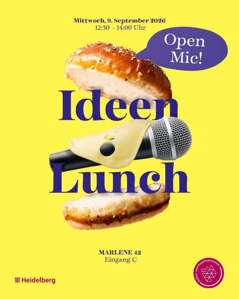 Beim ersten IdeenLunch nach der Sommerpause am Mittwoch, 9. September 2026, gibt es kein festes Programm und keine geladenen Speaker – bei diesem Treffen der Kultur- und Kreativ-Interessierten darf jeder ans Mikrofon. (Bildnachweis: Stadt Heidelberg) Flyer zum IdeenLunch