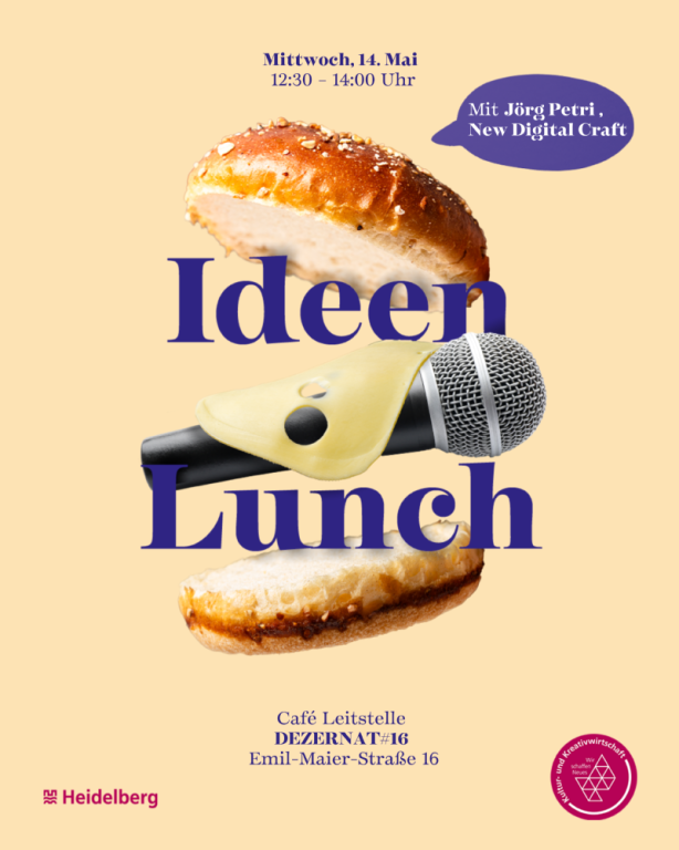 Grafik IdeenLunch am 14. Mai Plakat mit der Aufschrift Ideen Lunch und zwei Burger-Brötchen-Hälften und Mikrofon dazwischen.