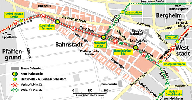 Die künftige Führung der Linien 22 und 26 (Karte: Peh & Schefcik) Die künftige Führung der Linien 22 und 26 (Karte: Peh & Schefcik)