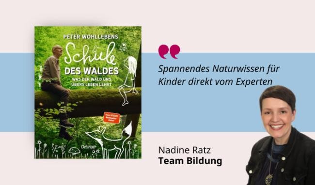 Medientipp Cover Schule des Waldes (Grafik: Canva, Stadtbücherei Heidelberg) Grafik mit Buchcover, Teasertext und Bild der Person, die den Medientipp abgibt