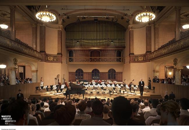 Visualisierung des großen Saals der Stadthalle mit abgestuften Sitzreihen (Waechter und Waechter Architekten BDA/ Bloomimages)