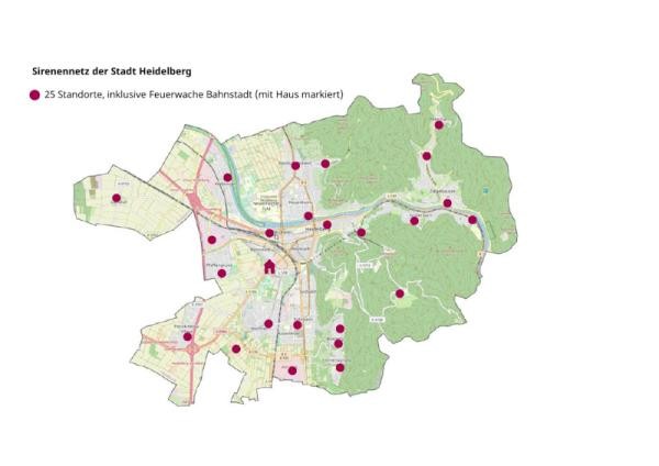 Standorte der neuen Sirenen im Stadtgebiet (Foto: Stadt Heidelberg) Standorte der neuen Sirenen im Stadtgebiet (Foto: Stadt Heidelberg)