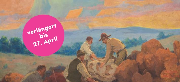 A painting depicts 19th-century researchers excavating a dinosaur skull.  A dinosaur rises in the background.
