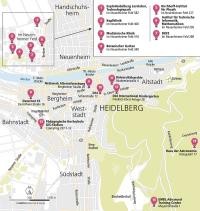 Karte von Heidelberg mit Markierung der Einrichtungen (Grafik: Peh und Schefcik)
