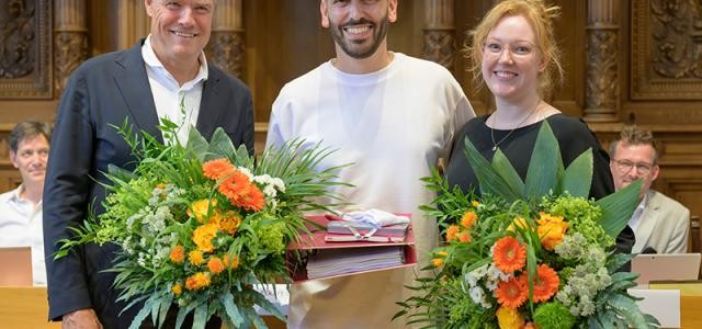 Oberbürgermeister Eckart Würzner, Bülent Teztiker und Rahel Liz Amler