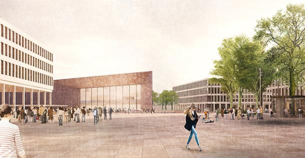 Visualisierung des neuen Europaplatzes mit Blick auf das künftige Konferenzzentrum. (Quelle: POLA Landschaftsarchitekten) Visualisierung des neuen Europaplatzes mit Blick auf das künftige Konferenzzentrum. (Quelle: POLA Landschaftsarchitekten)