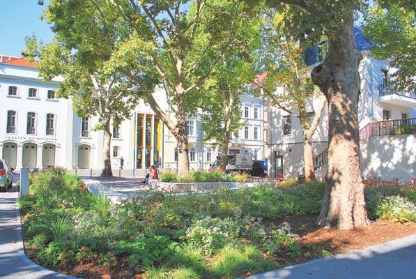 Der neu gestaltete Theaterplatz lädt mit großen Platanen und Sitzflächen zum Verweilen ein (Fo