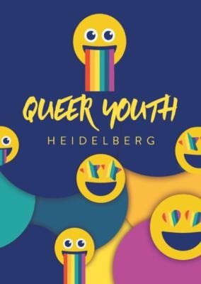 Das Logo von Queer Youth Heidelberg. Zu sehen sind Smileys mit Regenbogensternen als Augen und Regenbogenzungen