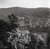 Schwarz-Weiß-Foto mit Blick auf die Heidelberger Altstadt mit Neckar