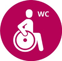 Mensch im Rollstuhl und Buchstaben WC
