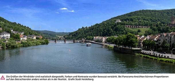 Visualisierung der möglichen Windenergieanlagen mit Blick von der Alten Brücke.(Grafik: Stadt Heidelberg) Visualisierung der möglichen Windenergieanlagen mit Blick von der Alten Brücke.