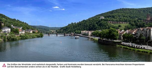Blick von der Alten Brücke. (Visualisierung: Stadt Heidelberg) Visualisierung: Blick von der Alten Brücke mit vier möglichen Windrädern am Berg im Hintergrund