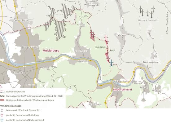 Karte mit möglichen Standorten für Windenergieanlagen am Lammerskopf. (Grafik: Forum Energiedialog) Karte mit möglichen Standorten für Windenergieanlagen.