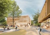 Der Siegerentwurf des Wettbewerbs zum Schulcampus Mitte zeigt links die neue Willy-Hellpach-Schule und rechts das Campushaus, dem eine zentrale Funktion als Treffpunkt aller Bildungseinrichtungen und Ergänzung der Pestalozzisporthalle auf dem Campus zukommt. (Visualisierung: h4a Gessert + Randecker Architekten/ RMP Stephan Lenzen Landschaftsarchitekten Der Siegerentwurf des Wettbewerbs zum Schulcampus Mitte