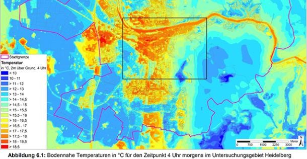 Kartenansicht von Heidelberg, auf der Temperaturunterschiede dargestellt sind