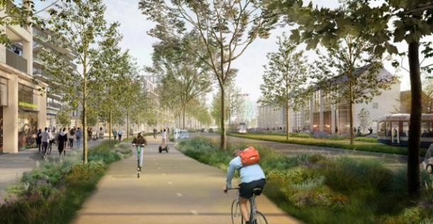 So könnte der Parkway künftig aussehen: Flaniermeile, Radweg, Straßenbahntrasse und Fahrbahn für PKW (Visualisierung: KCAP) So könnte der Parkway künftig aussehen: Flaniermeile, Radweg, Straßenbahntrasse und Fahrbahn für PKW