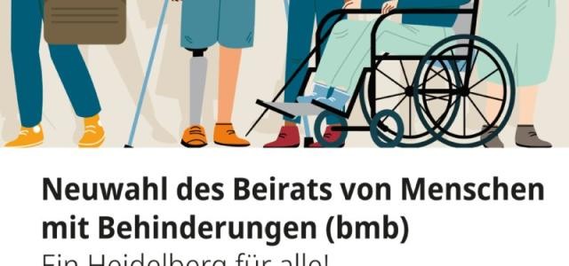 Plakat zur Wahl des Beirats von Menschen mit Behinderungen 2024. Darauf sind im Cartoon-Stil blinde Menschen, Menschen in einem Rollstuhl und ähnliches abgebildet.