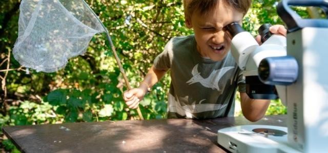 Kind schaut mit Schmetterlingsnetz in der Hand durch ein Teleskop 