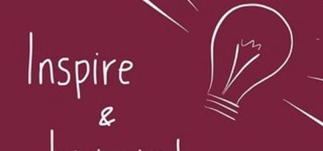 Eine Grafik zeigt eine weiß gezeichnete Glühbirne auf rotem Grund und den Schriftzug "Inspire & be inspired".