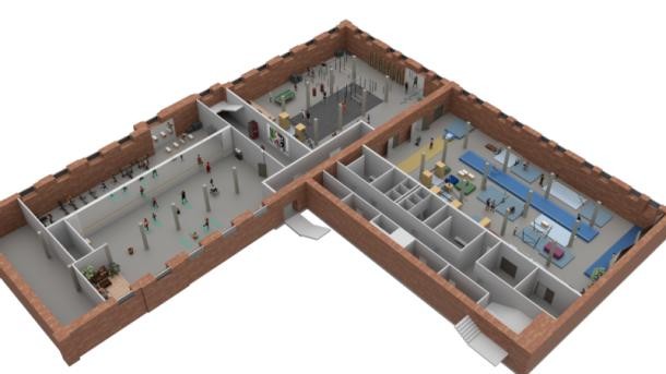 Diese Visualisierung zeigt von oben, wie die vier Räume der neuen „Sportschicht“ auf dem Landfried-Areal in etwa aussehen sollen. (Foto: Nelly Brandel) Visualisierung der neuen „Sportschicht“