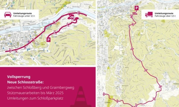 Für die Baustelle hat die Stadt Heidelberg zwei Umleitung abhängig vom Fahrzeuggewicht eingerichtet. Fahrzeuge unter 3,5 Tonnen fahren über den Hausackerweg in Schlierbach. Fahrzeuge über 3,5 Tonnen werden über B 3, L 600 und Gaiberger Weg umgeleitet. (Foto: Stadt Heidelberg) Baustellenkarte zur Vollsperrung der Neuen Schlossstraße in der Altstadt.