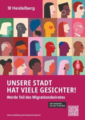 „Unsere Stadt hat viele Gesichter!“: Mit diesem Slogan sucht die Stadt Heidelberg noch bis 12. April Menschen mit Migrationshintergrund, die sich im künftigen Migrationsbeirat engagieren möchten. (Foto: Stadt Heidelberg) Werbeplakat für den Migrationsrat mit Personen diverser Ethnien im Popart-Stil.