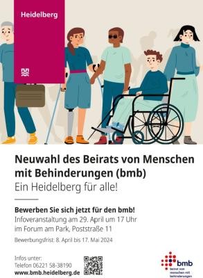 Plakat zur Wahl des Beirats von Menschen mit Behinderungen 2024. Darauf sind im Cartoon-Stil blinde Menschen, Menschen in einem Rollstuhl und ähnliches abgebildet.