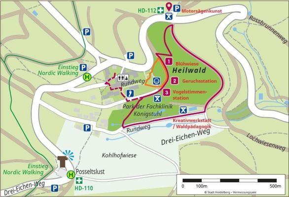 Das Landschafts- und Forstamt der Stadt Heidelberg lädt am Sonntag, 8. September 2024, interessierte Bürgerinnen und Bürger von 10 bis 16 Uhr zu einem großen Familienfest im Heilwald ein, bei dem Neuerungen, wie der kürzlich eingerichtete Bewegungspfad oder die Vogelstimmenstation vorgestellt werden. (Grafik: Stadt Heidelberg) Karte zeigt den Umfang des Heidelberger Waldes.