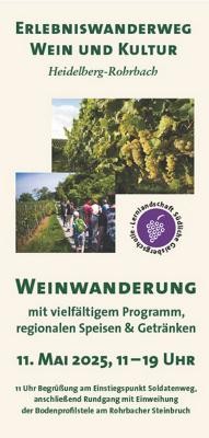 Frontseite Infoflyer Weinwanderung 2025 Frontseite eines Infoflyers zur Weinwanderung 2025 mit zwei Bildern von Weinbergen und grüner Schrift.