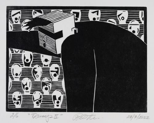 Holzschnitt von Trumpdarstellung Geometrische Figur, wenige charakteristische Merkmale deuten auf Trump hin