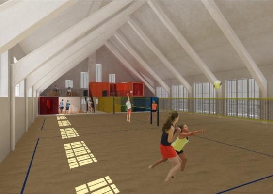 Ein bogenförmiges Holzbinder-Satteldach, das an einen Schiffskörper erinnert, sowie historische Holzsprossenfenster prägen das Erscheinungsbild des Mauerwerksgebäudes. Große Teile der Halle stehen unter Denkmalschutz. (Visualisierung: AAg Architekten GmbH)