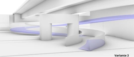 Von Ziegelhausen führt der Weg auf den Radsteg über eine geschwungene Rampe nördlich der Brahmsstraße. (Quelle: Tiefbauamt Heidelberg) Planungsvariante aus der Präsentation des Tiefbauamts.