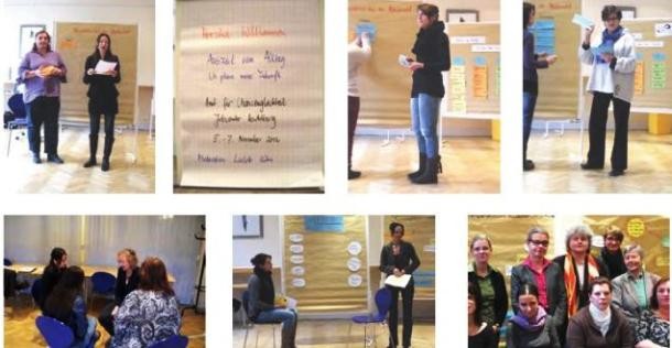 Die Workshop-Teilnehmerinnen bei der Präsentation ihrer Ideen und mit ihren Gästen (Fotos: Liselotte Kühn)