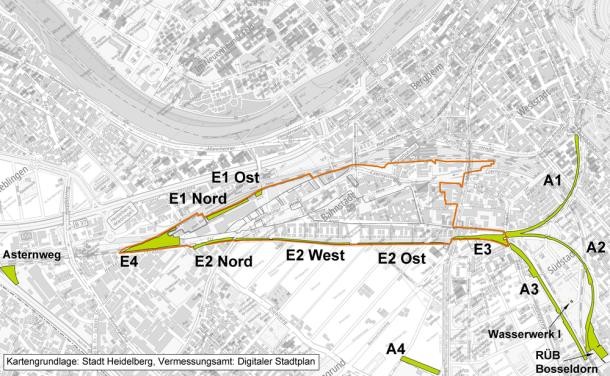 Die Ausgleichsflächen im Bereich Bahnstadt im Überblick (grün markierte Bereiche). (Grafik: Stadt Heidelberg) Eine Karte mit Markierungen