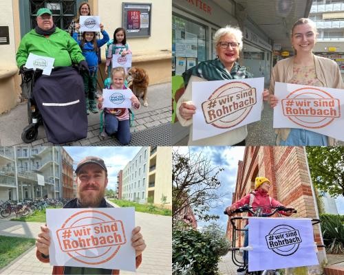 Die Collage zeigt Menschen und Orte aus ganz Rohrbach – alle vereint durch das Logo „Wir sind Rohrbach“ in der Hand. (Foto: Stadt Heidelberg) Fotocollage von Menschen, die das "Wir sind Rohrbach"-Logo halten.