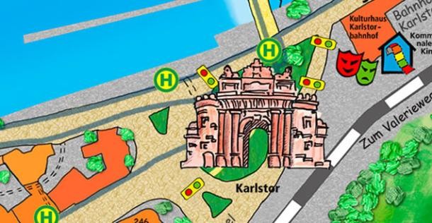 Planausschnitt des Kinderstadtplans - Karlstor (Grafik: Fuchs) Planausschnitt des Kinderstadtplans - Karlstor (Grafik: Fuchs)