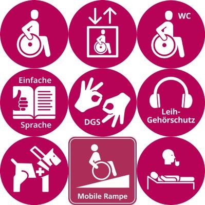 Ruheraum/Rückzugsort, Rollstuhlgerechter Zugang über den Innenhof, Barrierefreie Toilette (im Untergeschoss), Barrierefreier Aufzug, Einfache Sprache, Mobile Rampe, Mobiler Hublift, Gehörschutz, Assistenzhunde dürfen anwesend sein, Gebärdensprachverdolmetschung auf Anfrage Ruheraum/Rückzugsort, Rollstuhlgerechter Zugang über den Innenhof, Barrierefreie Toilette (im Untergeschoss), Barrierefreier Aufzug, Einfache Sprache, Mobile Rampe, Mobiler Hublift, Gehörschutz, Assistenzhunde dürfen anwesend sein, Gebärdensprachverdolmetschung auf Anfrage