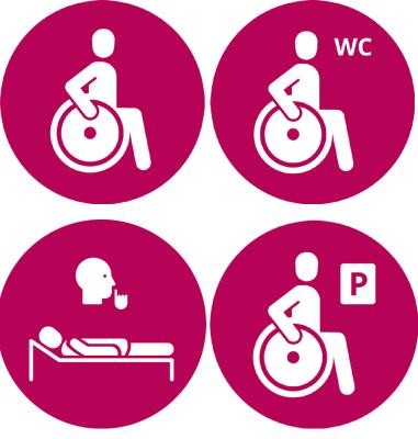 Rollstuhlgerechter Zugang Barrierefreie Toilette PKW Stellplatz für Menschen mit Behinderung Rückzugsraum Rollstuhlgerechter Zugang, barrierefreie Toilette, PKW Stellplatz für Menschen mit Behinderung, Rückzugsraum